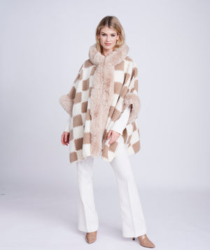 Almond/Beige Textured Knit Wrap with Faux Fur Collar