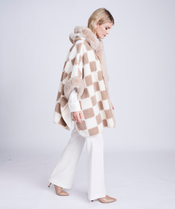 Almond/Beige Textured Knit Wrap with Faux Fur Collar