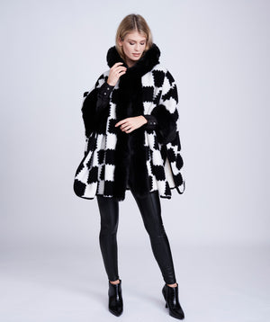 Black/Cream Textured Knit Wrap with Faux Fur Collar