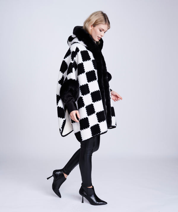 Black/Cream Textured Knit Wrap with Faux Fur Collar