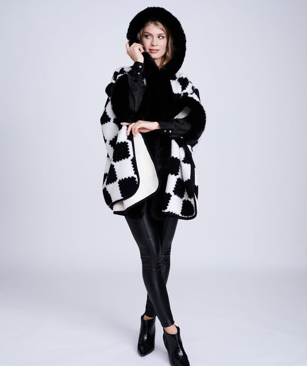 Black/Cream Textured Knit Wrap with Faux Fur Collar