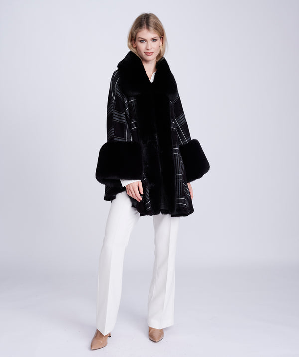 Black Check Wrap with Fur Trim and ¾ Sleeves