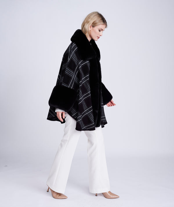 Black Check Wrap with Fur Trim and ¾ Sleeves