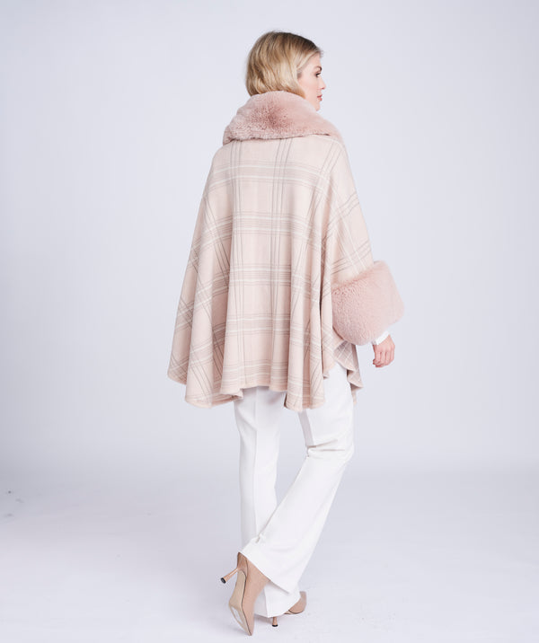 Blush Pink Check Wrap with Eco-Friendly Fur Trim