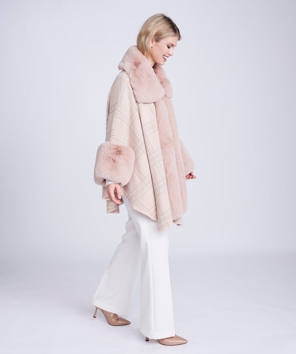 Blush Pink Check Wrap with Eco-Friendly Fur Trim