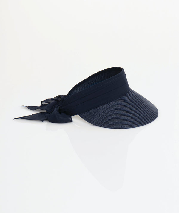 Navy Straw Roll-Up Visor with Chiffon Tie