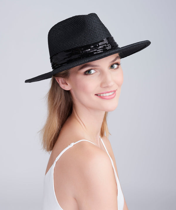 Black Straw Fedora Hat with Sequin Trim and Sun Protection