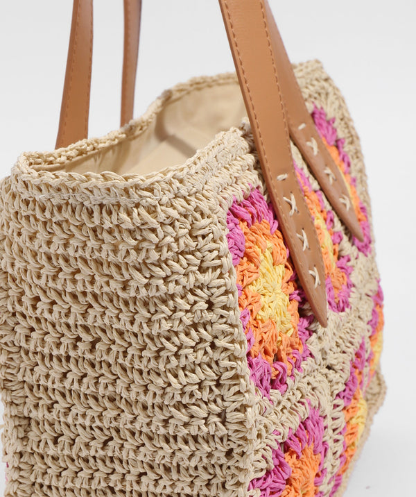 Side View: Sand/Pink Floral Crochet Tote Bag with Zipped Closure