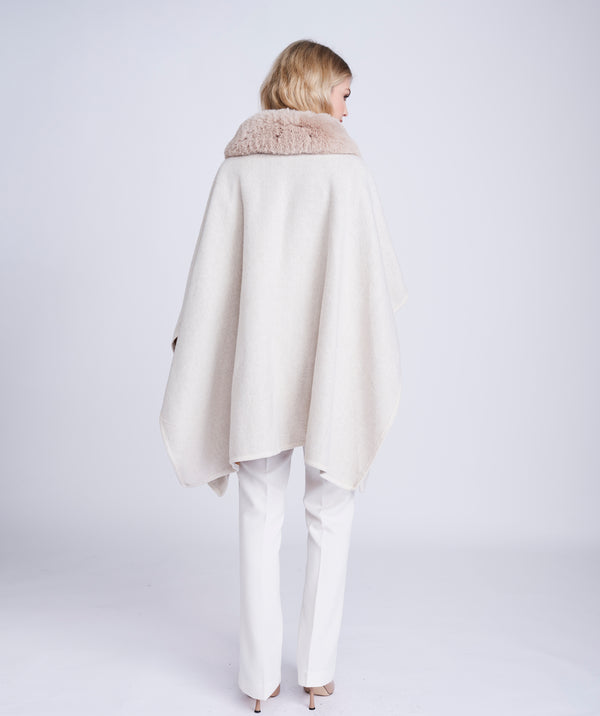 Beige Faux Fur Trim Cape with Check Pattern