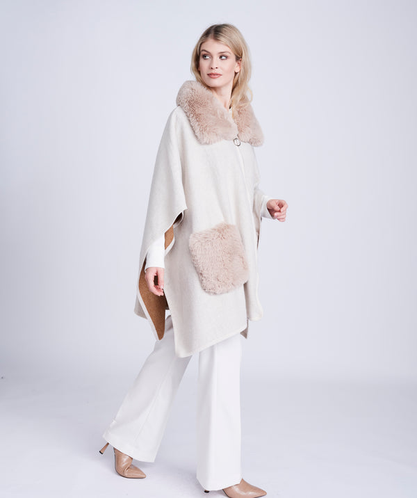 Beige Faux Fur Trim Cape with Check Pattern