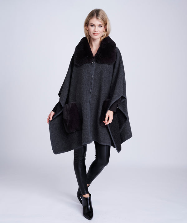 Grey Check Cape with Faux Fur Trim and Zipper
