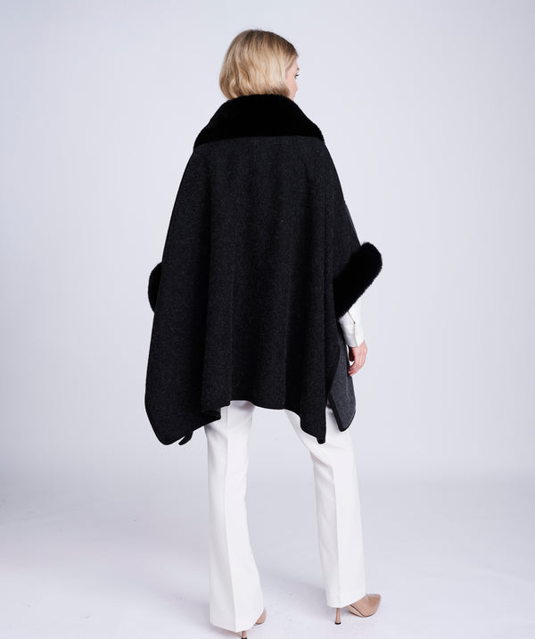 Black Two-Tone Wrap with Faux Fur Trim