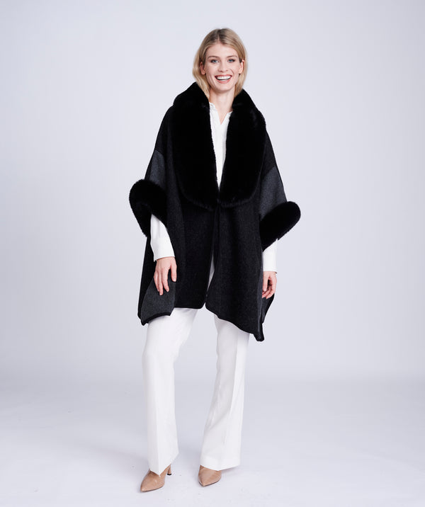 Black Two-Tone Wrap with Faux Fur Trim