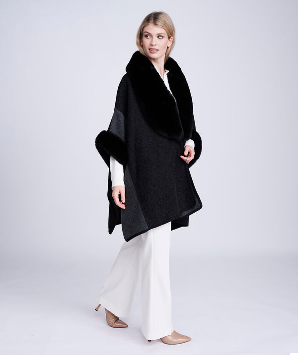 Black Two-Tone Wrap with Faux Fur Trim