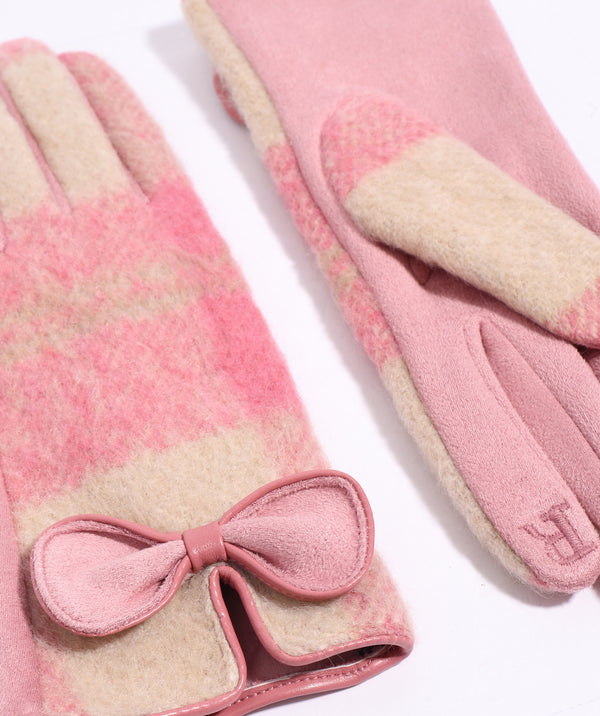 Blush Check Patterned Glove with Bow Embellishment