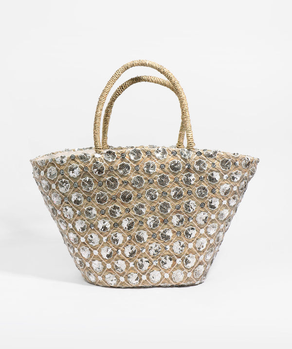 Metallic Flower Embellished Straw Basket Bag with Secure Closure