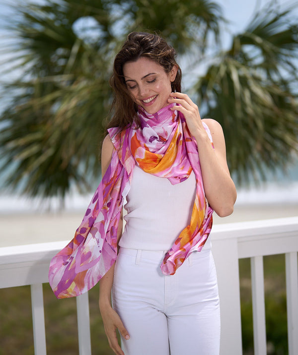 Pink Floral Print Scarf in Silky Lightweight Fabric