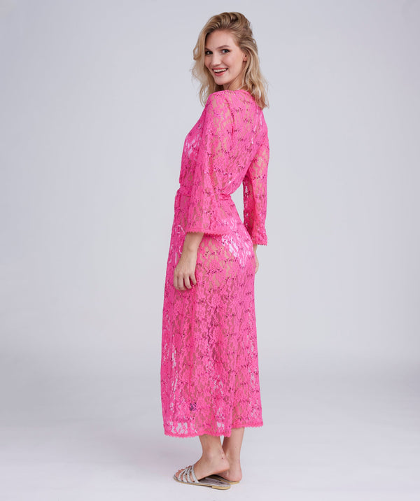 Fuchsia Sequin Lace Kimono with Tie Belt