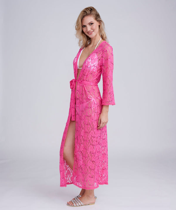 Fuchsia Sequin Lace Kimono with Tie Belt