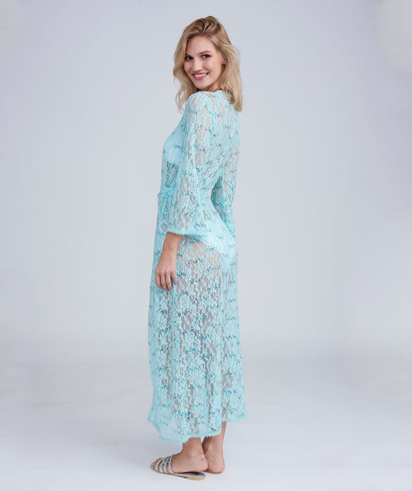 Turquoise Sequin Lace Kimono with Tie Belt