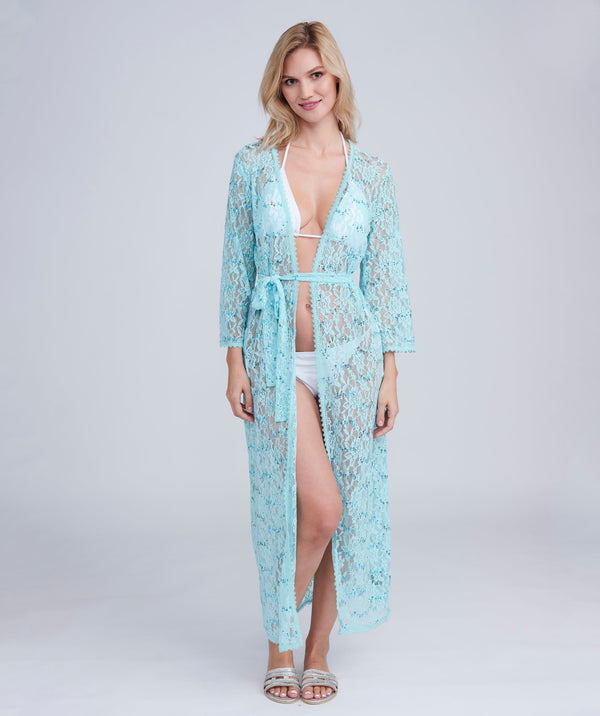 Turquoise Sequin Lace Kimono with Tie Belt