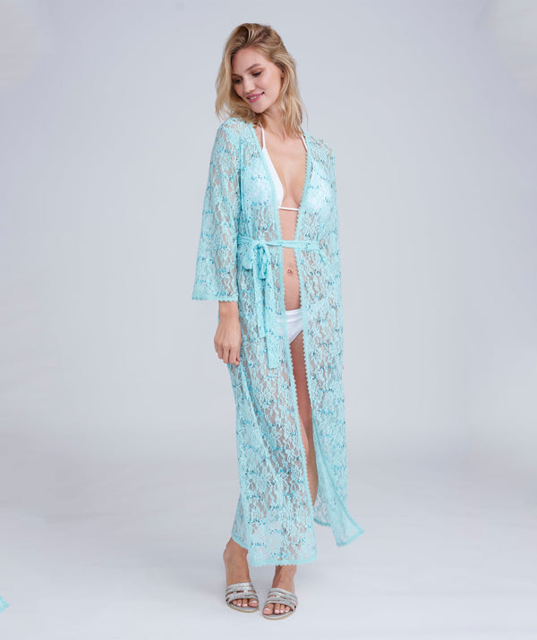 Turquoise Sequin Lace Kimono with Tie Belt