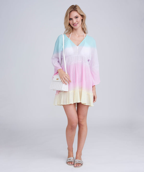 Pastel Rainbow Print Midi Beach Dress with Bell Sleeves