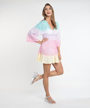 Pastel Rainbow Ombre Dress with Bell Sleeves