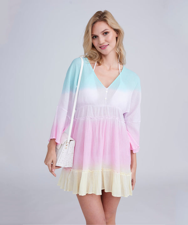 Pastel Rainbow Print Midi Beach Dress with Bell Sleeves