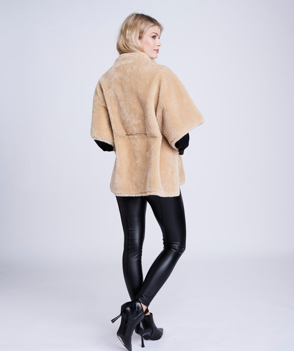 Black Faux Shearling Coat with Faux Fur Lining and Button Detail