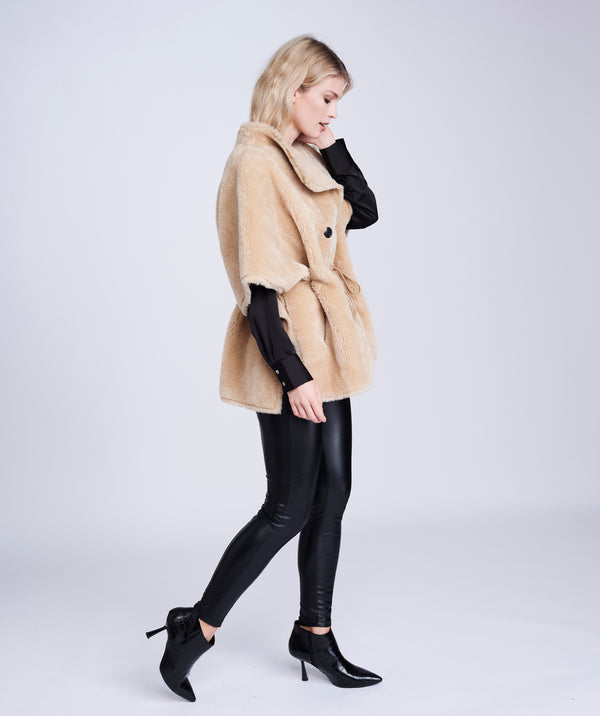 Black Faux Shearling Coat with Faux Fur Lining and Button Detail