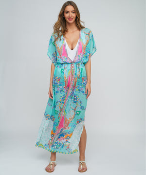 Turquoise Cancun Maxi Kimono with Flowy Silhouette