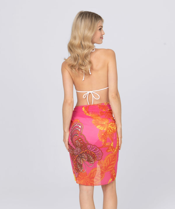 Back View: Pink Butterfly Print Sarong with Wraparound Design