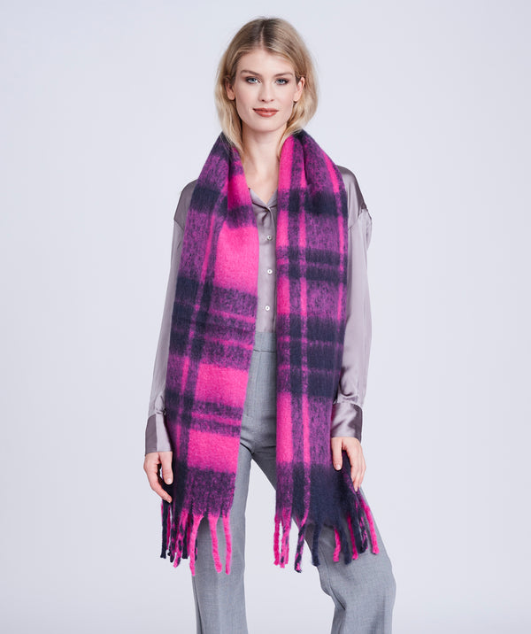 Pink Checked Blanket Scarf with Tassel Fringing