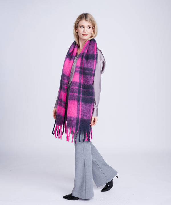 Pink Checked Blanket Scarf with Tassel Fringing