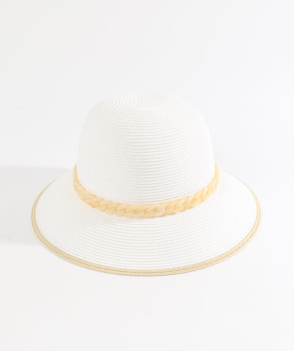 White/Natural Paper Straw Bucket Hat with Chain Belt Embellishment