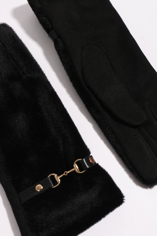 Black Faux Fur Gloves with Buckle Embellishment and Cozy Lining