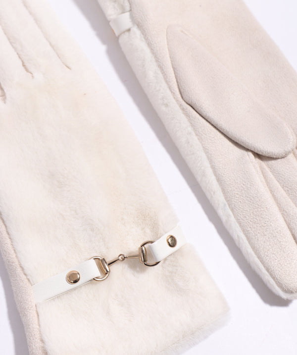 Cream Faux Fur Glove with Buckle Embellishment and Lining