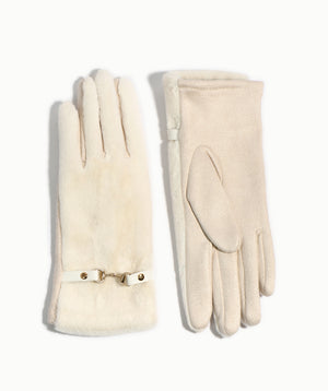 Cream Faux Fur Glove with Buckle Embellishment and Lining