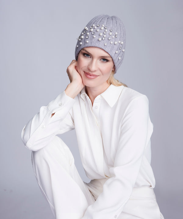 Silver Grey Chunky Knit Hat with Pearl Embellishments