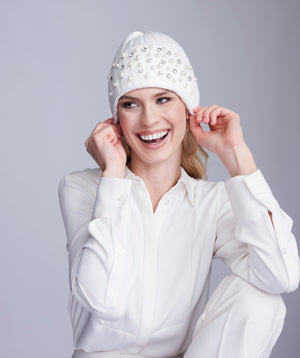 Winter White Chunky Knit Hat with Pearl Embellishment