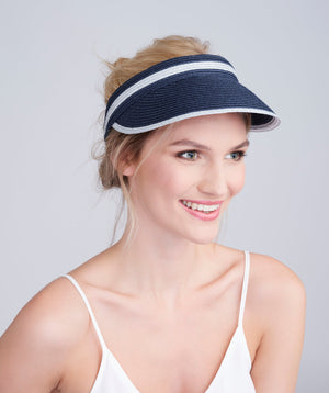 Navy/Silver Straw Sun Visor with Metallic Stripe Detail