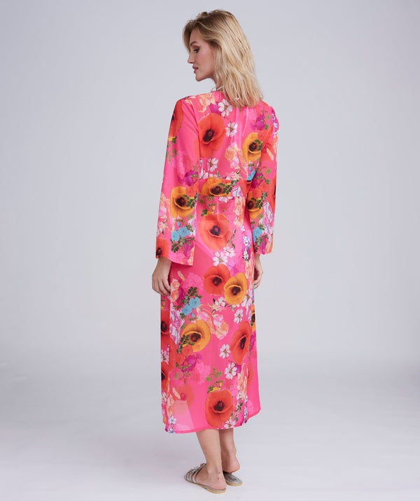 Pink Floral Print Midi Length Cover Up with Beaded Embellishment