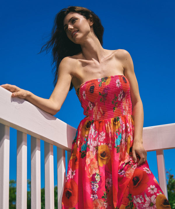 Back View: Pink Floral Print Maxi Dress with Bandeau Elasticated Top