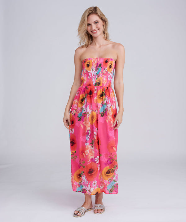 Back View: Pink Floral Print Maxi Dress with Bandeau Elasticated Top