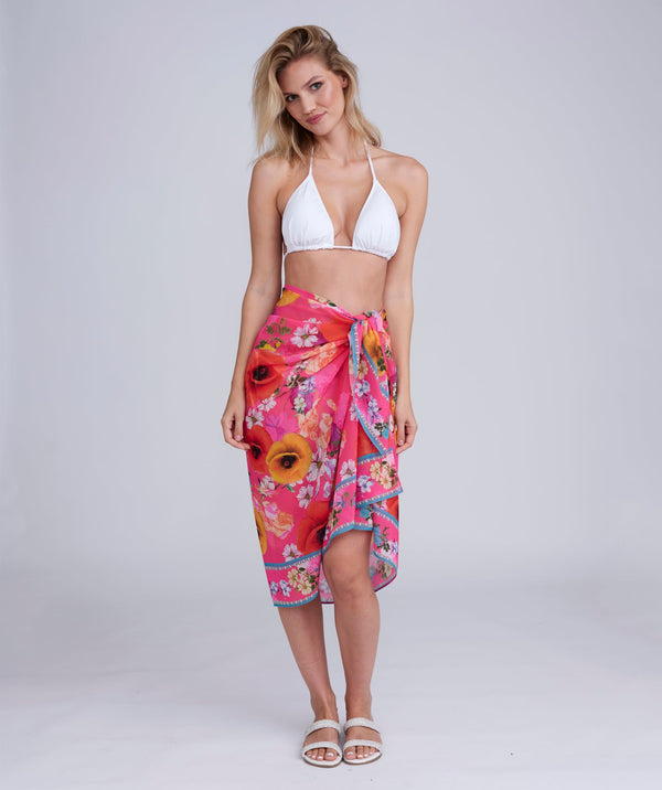 Pink Floral Print Sarong in Lightweight Crease-Free Fabric