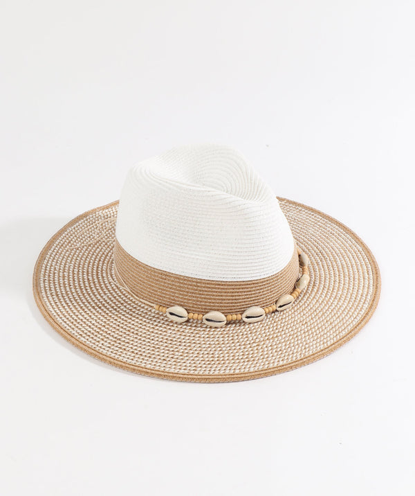 Natural Two Tone Paper Straw Fedora Hat with Shell Embellishment