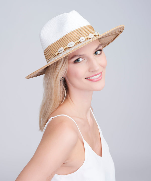 Natural Two Tone Paper Straw Fedora Hat with Shell Embellishment