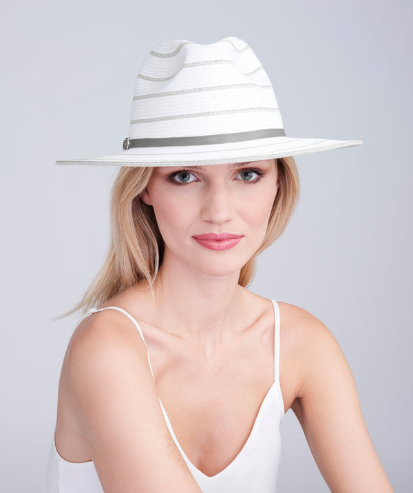 White/Silver Striped Straw Fedora with Metallic Accents and UPF 50 Protection