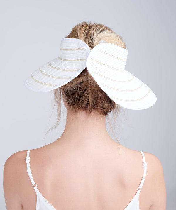 White/Natural Wide Brim Woven Straw Roll-Up Visor with Adjustable Velcro